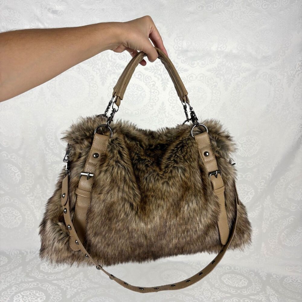 Faux Fur Bag Studded Satchel Tote Brown Soft Zip Closure Mob Wife Y2K Medium